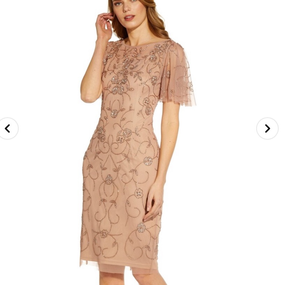 ADRIANNA PAPELL Womens Rose Gold Short Sleeve Knee Length Formal Sheath Dress 4 - Picture 1 of 8
